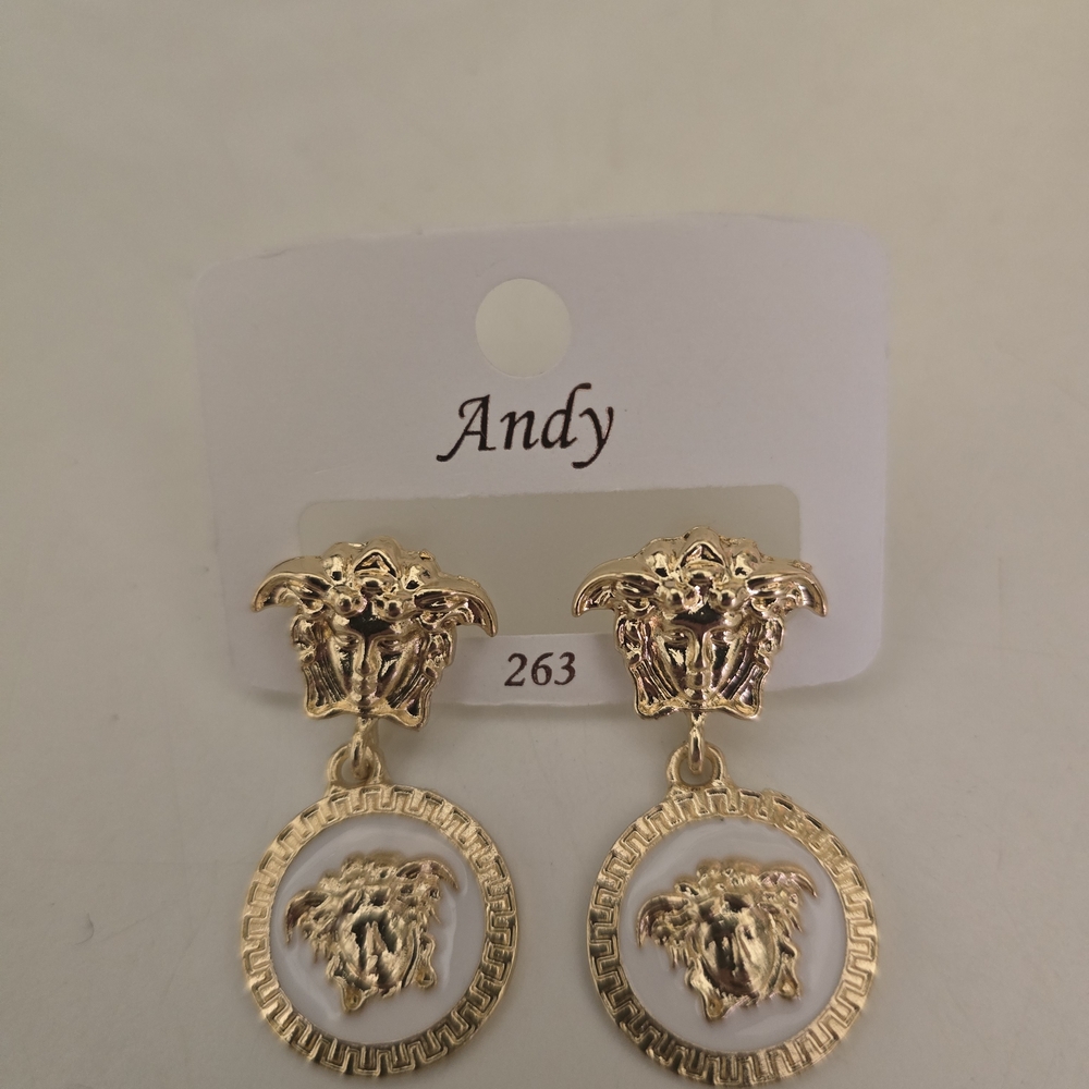 Gold and White Medusa Earrings